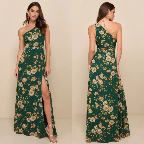 Lulu's Green Floral One-Shoulder Maxi Dress - Picture 1 of 12